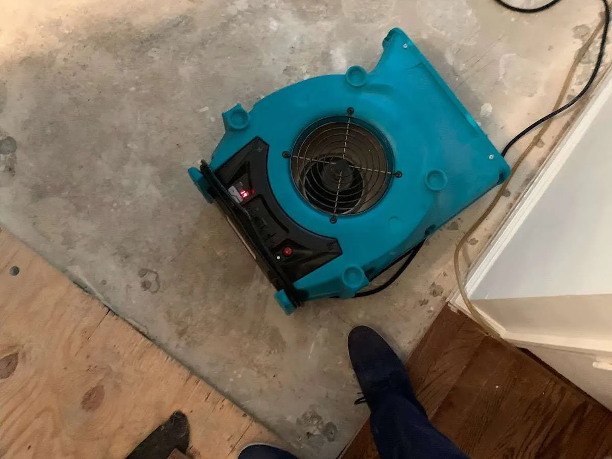Air mover drying subfloor during Leak Detection & Repair in Farmington